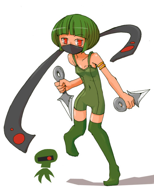 masha, colonyon, meteos, 1girl, dagger, female focus, green hair, knife, ninja, personification, red eyes, solo, thighhighs, weapon