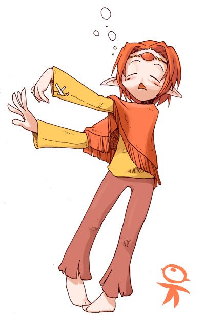 masha, dawnus, meteos, barefoot, closed eyes, personification, pointy ears, red hair, solo