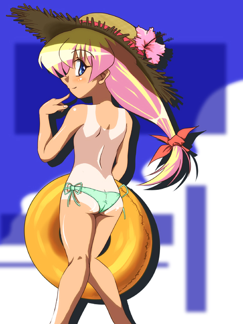 borubikku, rebecca miyamoto, pani poni dash!, 00s, 1girl, ass, back, bikini, blonde hair, blue eyes, blush, female focus, hat, innertube, loli, long hair, looking back, lowleg, lowleg bikini, one-piece tan, ponytail, side-tie bikini bottom, smile, solo, straw hat, swim ring, swimsuit, tan, tanline, topless female