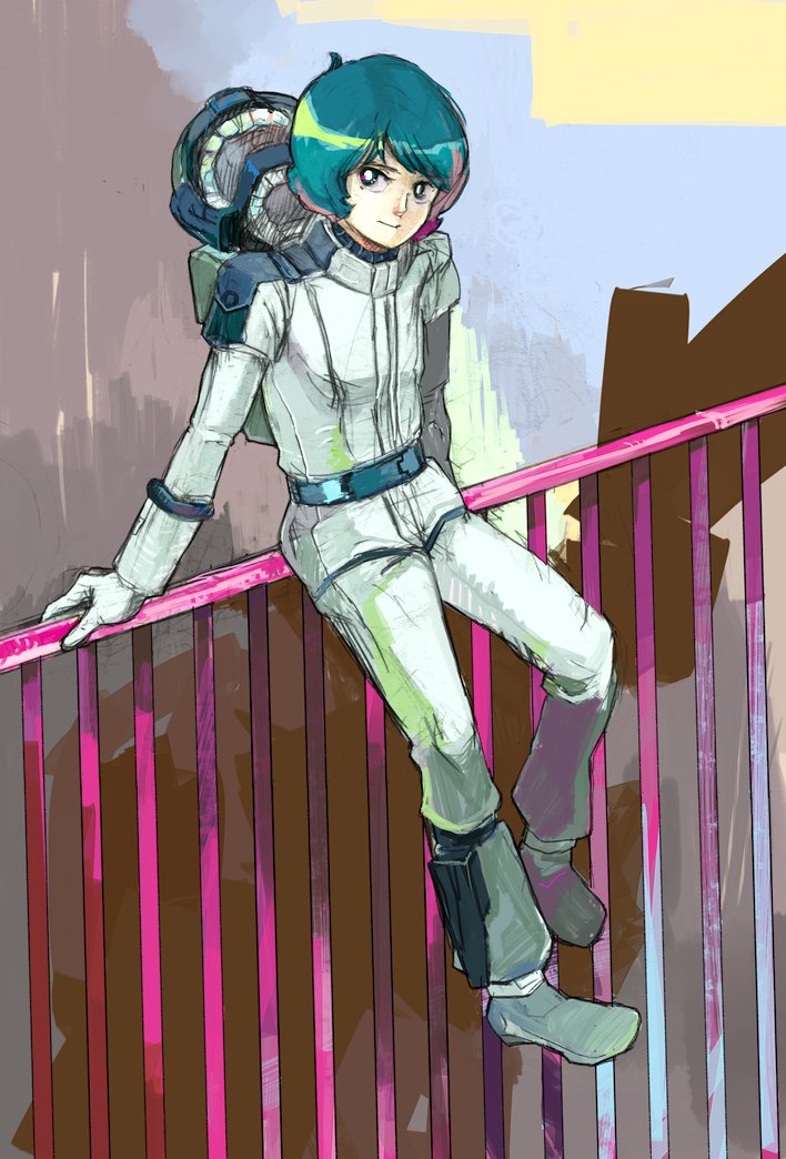 ukon, kamille bidan, gundam, zeta gundam, bars, looking away, pilot suit, 1boy, full body, green eyes, green hair, helmet, male focus, matching hair/eyes, mecha pilot suit, normal suit (gundam), railing, short hair, sitting, solo