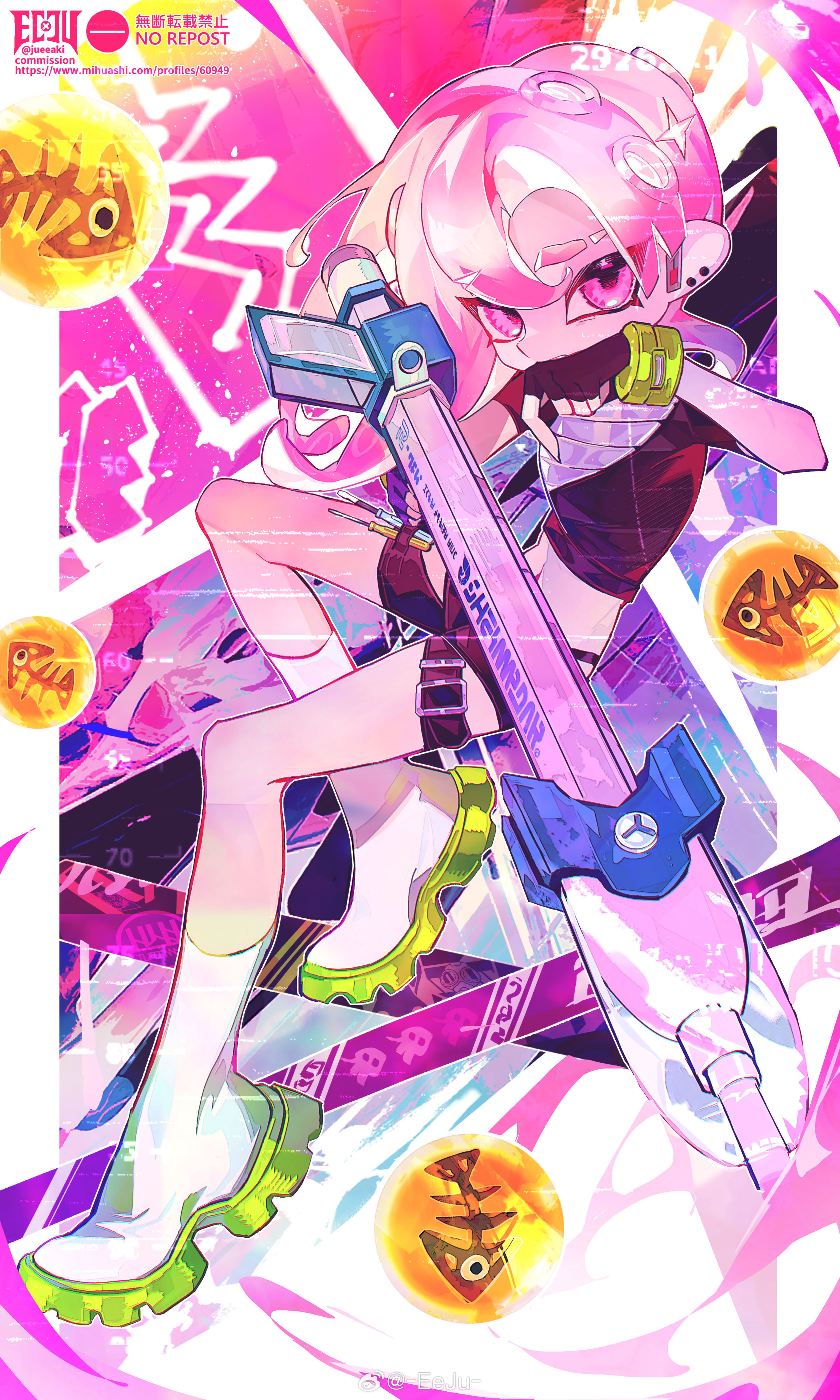 eeju, octoling girl, octoling player character, nintendo, splatoon (series), absurdres, highres, 1girl, black shorts, full body, gun, hair between eyes, holding, holding gun, holding weapon, long hair, looking at viewer, octoling, pink eyes, pink hair, screwdriver, shoes, short shorts, shorts, snipewriter (splatoon), solo, tentacle hair, weapon, white shoes