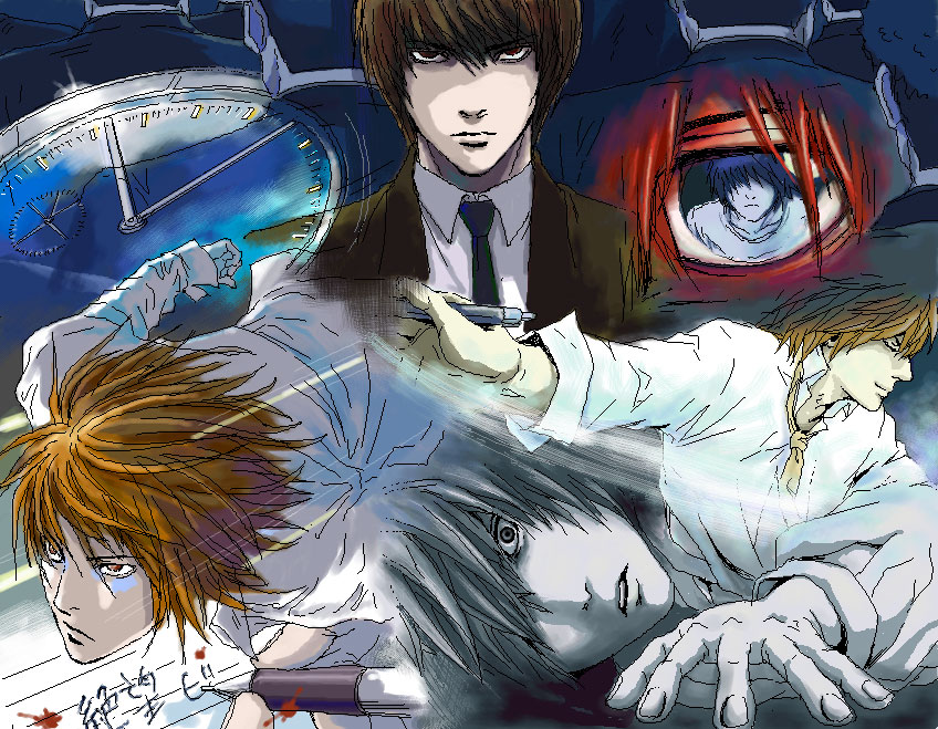 l (death note), yagami light, death note, 00s, 2boys, blood, brown eyes, brown hair, clock, collage, falling, formal clothes, lying, male focus, multiple boys, multiple views, pen, suit, upper body