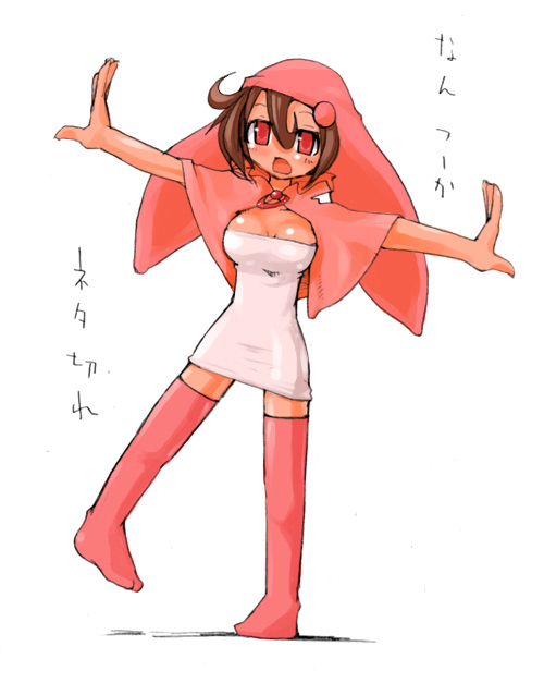 masha, staria, meteos, translation request, 1girl, breasts, brown hair, dress, female focus, hood, large breasts, personification, red eyes, short hair, solo, thighhighs, zettai ryouiki
