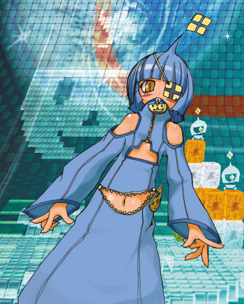masha, lumioss, meteos, blue hair, brown eyes, eyepatch, personification, solo