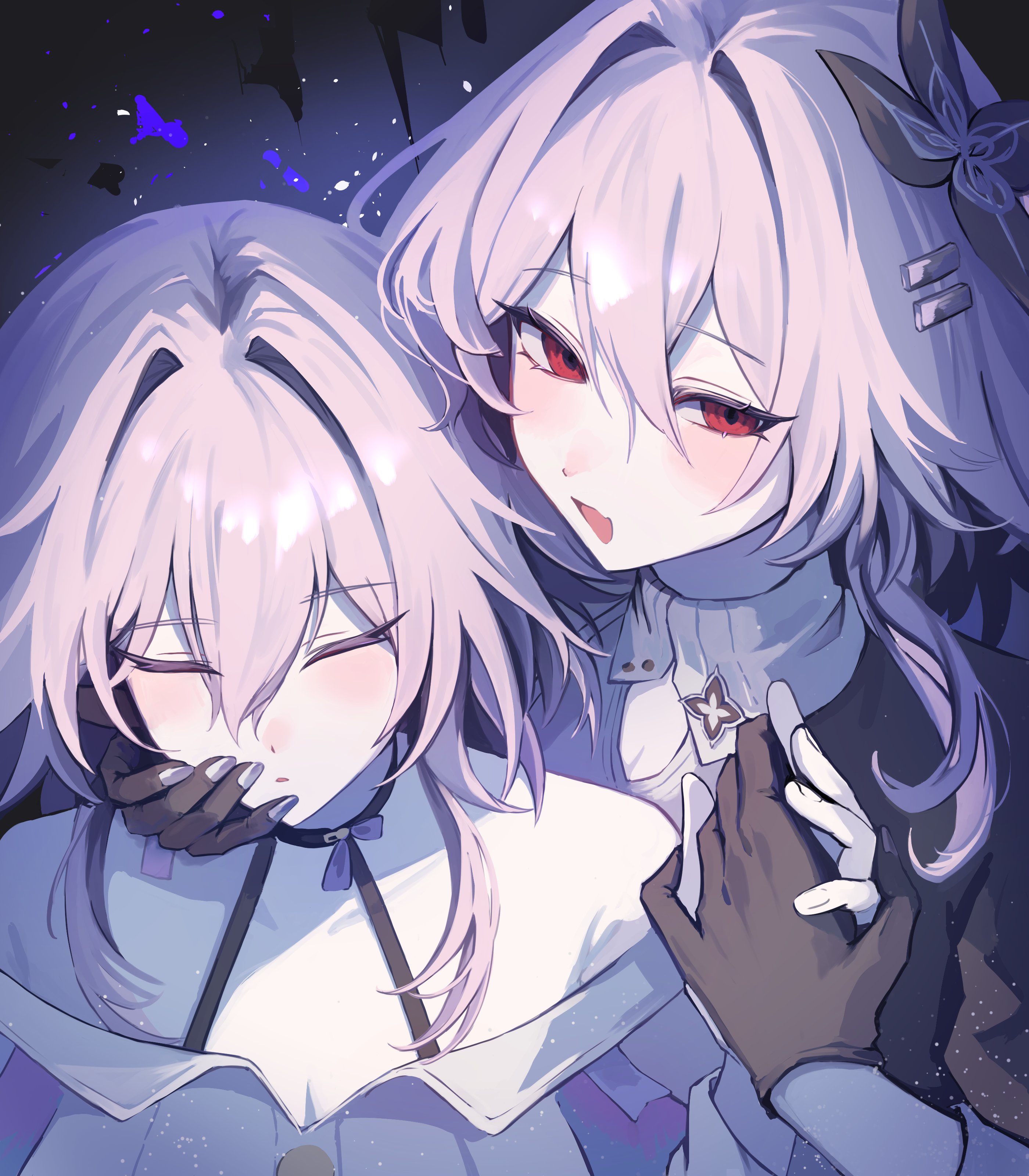 neneneneko, evernight (honkai: star rail), march 7th (honkai: star rail), march 7th (preservation) (honkai: star rail), honkai: star rail, honkai (series), absurdres, highres, 2girls, bare shoulders, black choker, black flower, black gloves, blush, buttons, choker, closed eyes, closed mouth, collar, flower, gloves, grey nails, hair between eyes, hair flower, hair ornament, hairclip, holding hands, multiple girls, official alternate eye color, open mouth, parallel hairclips, pink hair, red eyes, star (sky), white collar
