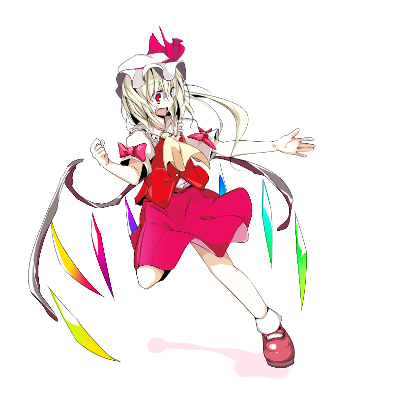 oouso, flandre scarlet, touhou, 1girl, blouse, collared shirt, female focus, full body, hat, mob cap, red eyes, ribbon, shirt, simple background, solo, white background, white hat, white shirt, wings