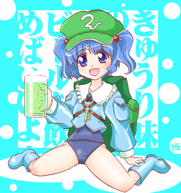 kairakuen umenoka, kawashiro nitori, touhou, 1girl, female focus, hair bobbles, hair ornament, no pants, one-piece swimsuit, school swimsuit, solo, swimsuit, swimsuit under clothes, two side up