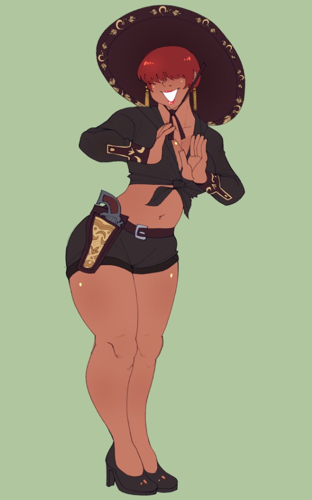 1shermieaday, shermie (kof), the king of fighters, 1girl, breasts, curvy, dark-skinned female, dark skin, female focus, hat, huge breasts, large breasts, long hair, long sleeves, red hair, shirt, shoes, shorts, smile, smiley face, tan, thick thighs, thighs, wide hips