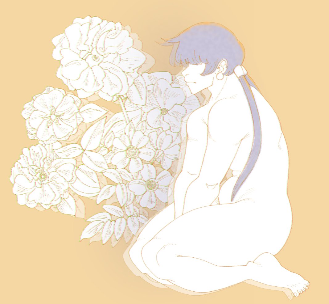 1shermieaday, shermie (kof), the king of fighters, 1girl, barefoot, earrings, feet, female focus, flower, jewelry, long hair, nude, pale skin, ponytail, thick thighs, thighs, twintails, wide hips