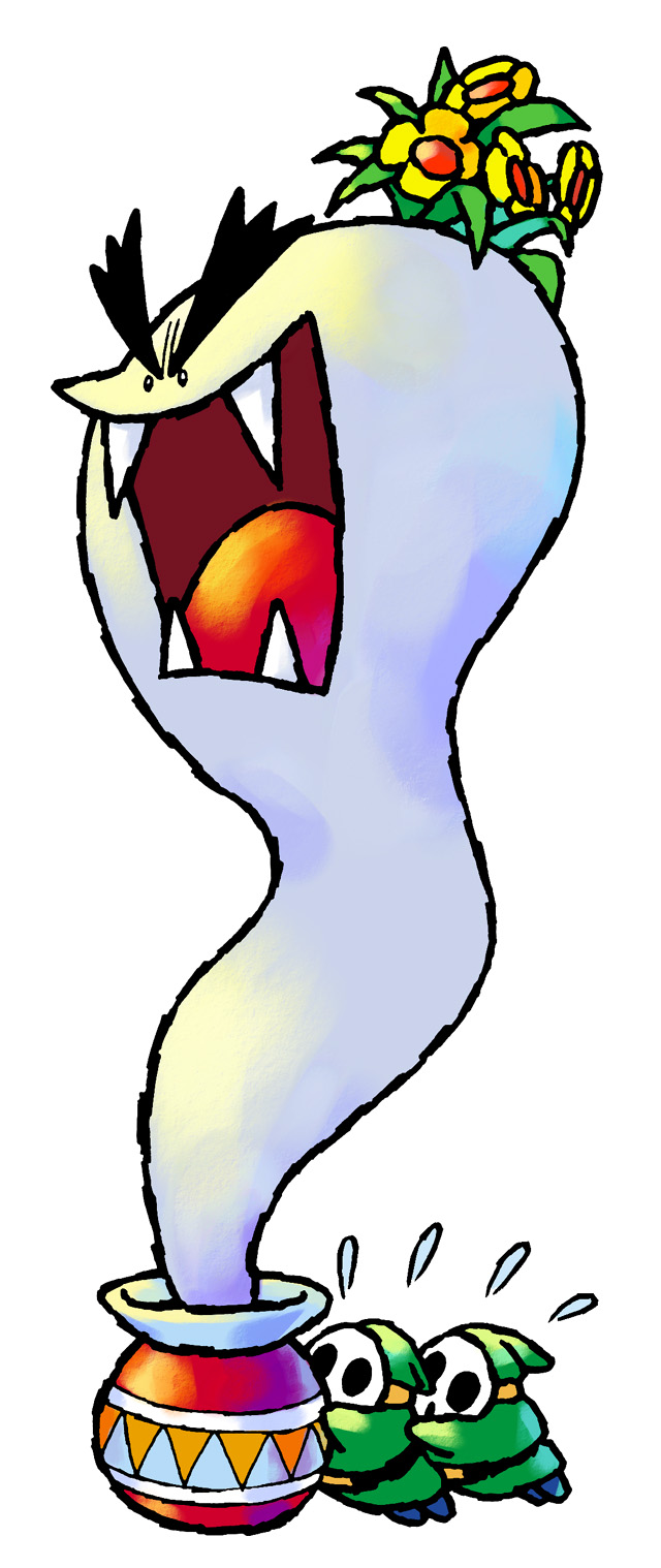 nakagawa yasuhisa, potted ghost, shy guy, mario (series), nintendo, highres, official art, third-party source, 2boys, flower, ghost, green robe, multiple boys, open mouth, robe, roger the potted ghost, sharp teeth, simple background, teeth, white background, white mask, yellow flower, yoshi's island: super mario advance 3