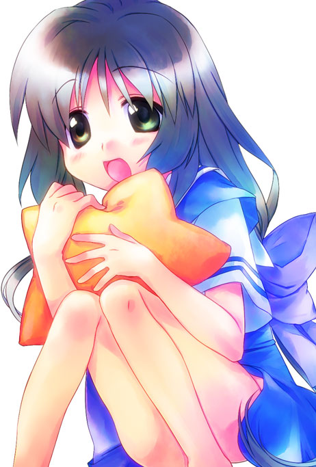 satomi yoshitaka, ibuki fuuko, clannad, 00s, barefoot, bow, brown eyes, brown hair, laughing, long hair, school uniform, serafuku, simple background, sitting, solo, starfish