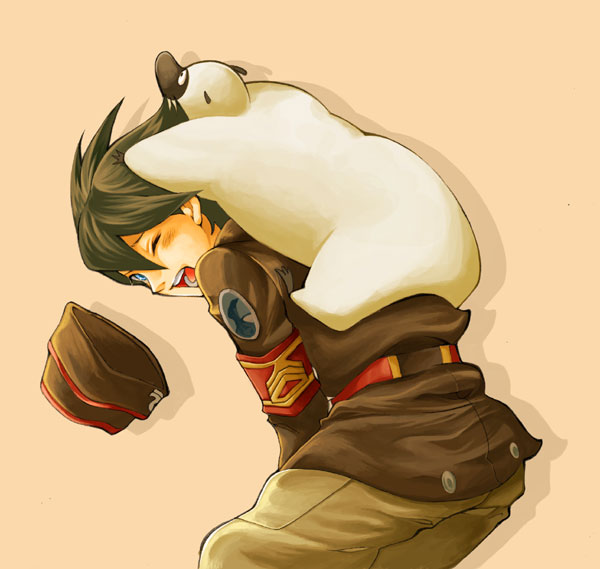 dominic sorel, gulliver (eureka seven), eureka seven, eureka seven (series), 00s, 1boy, bent over, black hair, blue eyes, blush, hat, male focus, military, military uniform, one eye closed, solo, wink