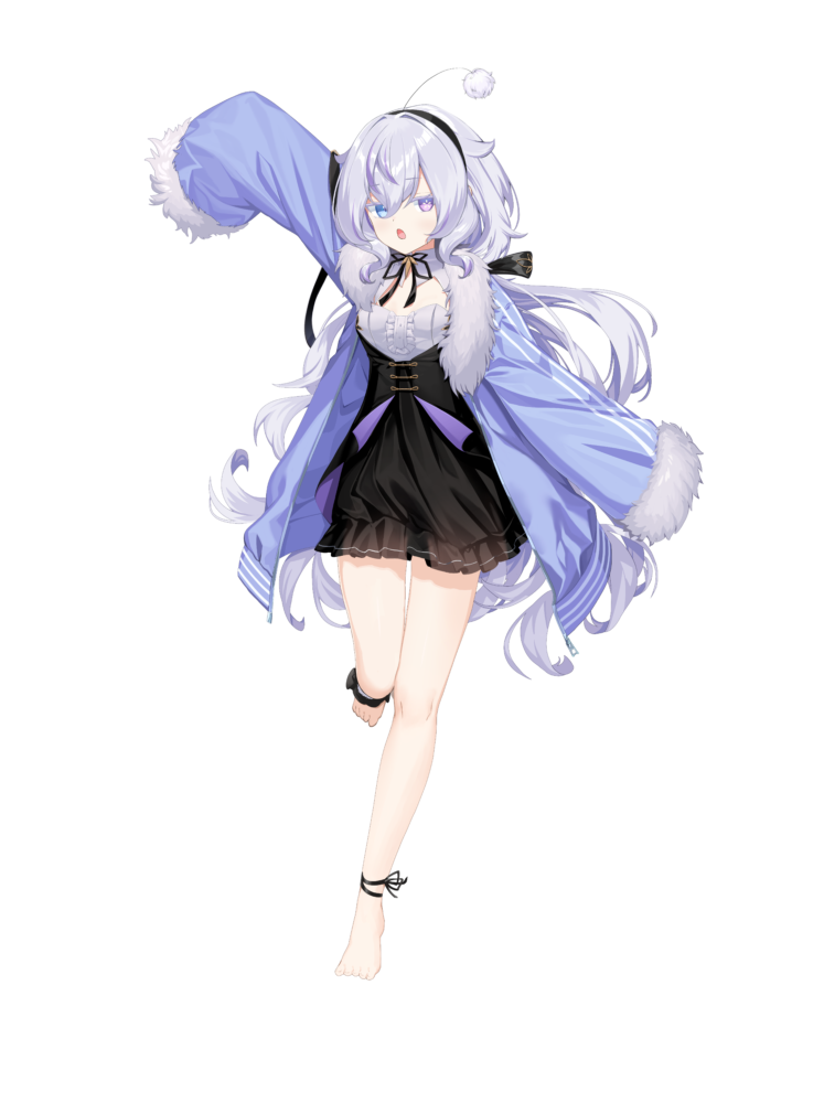 artist request, official art, 1girl, barefoot, black hairband, black skirt, center frills, cleavage cutout, clothing cutout, frills, fur-trimmed jacket, fur trim, hairband, heterochromia, high-waist skirt, jacket, kiyoraka fuwari, long hair, open clothes, open jacket, open mouth, shirt, skirt, sleeves past fingers, sleeves past wrists, solo, vebop project, white shirt, zipper pull tab