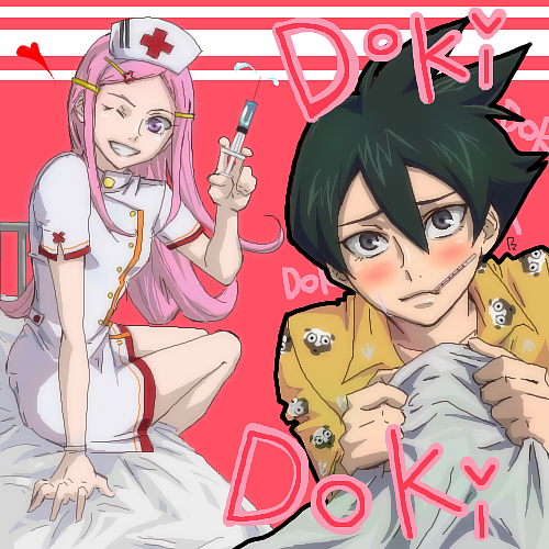 anemone (eureka seven), dominic sorel, eureka seven, eureka seven (series), lowres, 00s, 1boy, 1girl, bed, black hair, blush, dress, hair ornament, hairclip, hat, heart, long hair, medical, nurse, nurse cap, oekaki, one eye closed, pajamas, pink hair, purple eyes, smile, syringe, thermometer, white dress, wink
