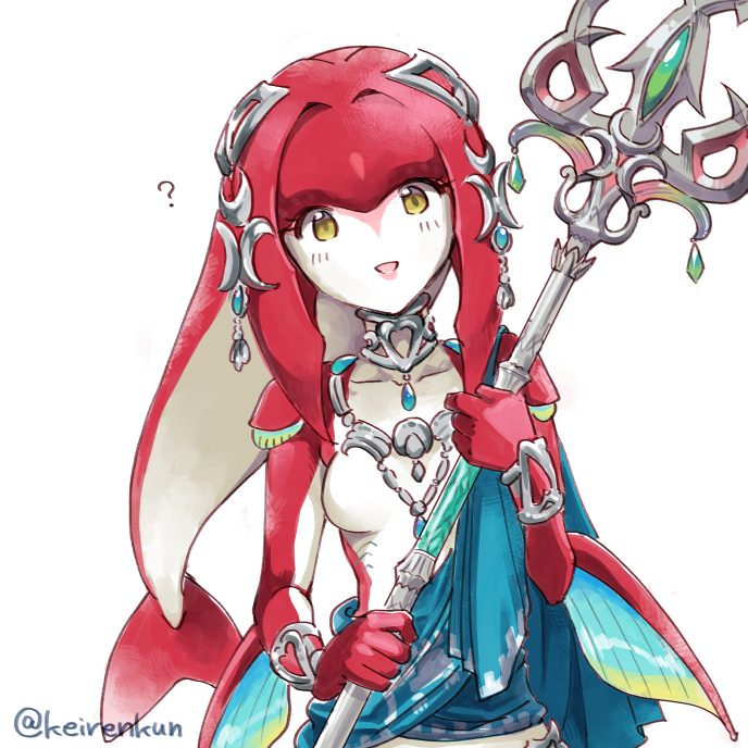 monbetsu kuniharu, mipha, nintendo, the legend of zelda, the legend of zelda: breath of the wild, commentary request, 1girl, ?, arm fins, artist name, bracer, breasts, collarbone, fish girl, holding, holding polearm, holding weapon, looking at viewer, neck ribbon, open mouth, polearm, ribbon, simple background, small breasts, smile, solo, trident, twitter username, upper body, weapon, white background, yellow eyes, zora
