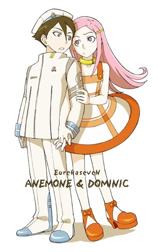anemone (eureka seven), dominic sorel, eureka seven, eureka seven (series), uniform, lowres, 00s, 1boy, 1girl, brown hair, collar, couple, dress, hair ornament, hairclip, hetero, high heels, holding hands, long hair, pink eyes, pink hair, shoes, simple background