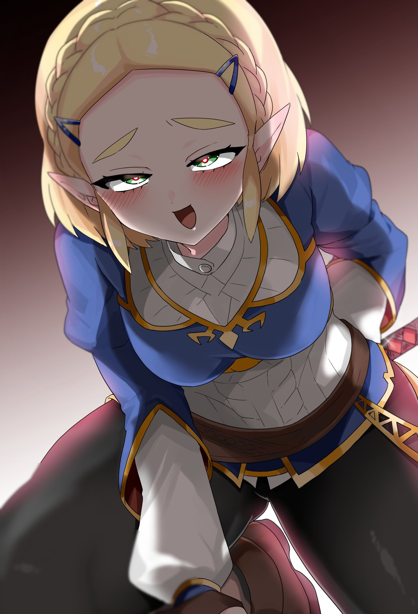 wasabi (legemd), princess zelda, nintendo, the legend of zelda, the legend of zelda: tears of the kingdom, commentary request, highres, 1girl, arm behind back, black pants, blonde hair, blue shirt, boots, braid, breasts, brown boots, crown braid, facing viewer, gold trim, gradient background, green eyes, kneeling, medium breasts, open mouth, pants, red pupils, shirt, short hair, smile, solo