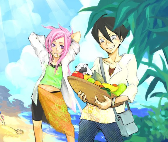 anemone (eureka seven), dominic sorel, gulliver (eureka seven), eureka seven, eureka seven (series), jpeg artifacts, 00s, 1boy, 1girl, beach, black hair, cloud, day, food, fruit, grin, mouth hold, outdoors, pink hair, ponytail, purple eyes, sky, smile