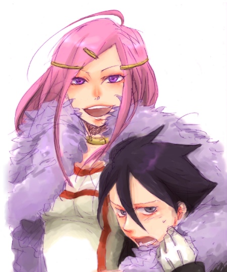 anemone (eureka seven), dominic sorel, eureka seven, eureka seven (series), 00s, 1boy, 1girl, annoyed, black hair, blue eyes, collar, couple, feather boa, hair ornament, hairclip, hetero, pink hair, purple eyes, simple background