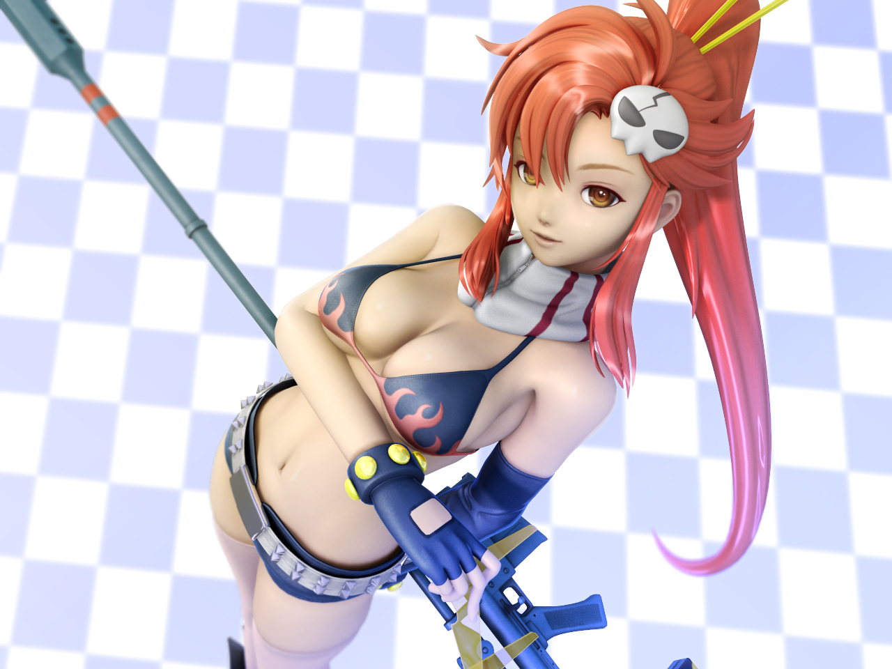 kanzeon, yoko littner, tengen toppa gurren lagann, 00s, 1girl, 3d, bare shoulders, belt, breasts, chopsticks, cleavage, elbow gloves, female focus, gloves, gun, hair ornament, long hair, navel, ponytail, red hair, scarf, short shorts, shorts, skull, skull hair ornament, solo, thighhighs, weapon, yellow eyes