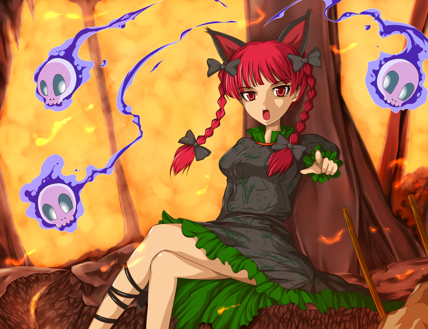 yoshimo, kaenbyou rin, touhou, bad id, bad pixiv id, 1girl, animal ears, braid, cat ears, cat girl, female focus, ghost, red hair, ribbon, sitting, solo, twin braids, twintails