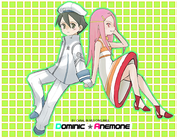 anemone (eureka seven), dominic sorel, eureka seven, eureka seven (series), 00s, 1boy, 1girl, back-to-back, beret, black hair, collar, couple, dress, hair ornament, hairclip, hat, hetero, high heels, holding hands, military, military uniform, peaked cap, pink eyes, pink hair, shoes