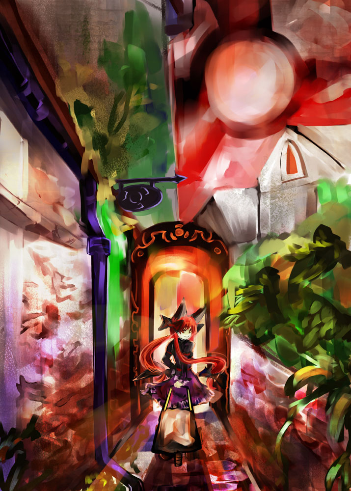 tomasu, tsurukame, kaenbyou rin, touhou, 1girl, animal ears, braid, cat ears, cat girl, female focus, red hair, ribbon, solo, twin braids, twintails