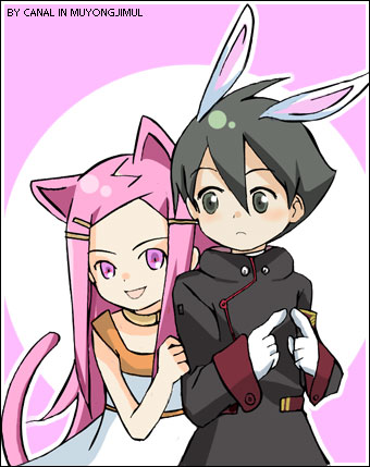anemone (eureka seven), dominic sorel, eureka seven, eureka seven (series), lowres, 00s, 1boy, 1girl, animal ears, black hair, cat ears, cat tail, chibi, collar, couple, dress, hair ornament, hairclip, hetero, long hair, military, military uniform, pink hair, purple eyes, rabbit ears, tail