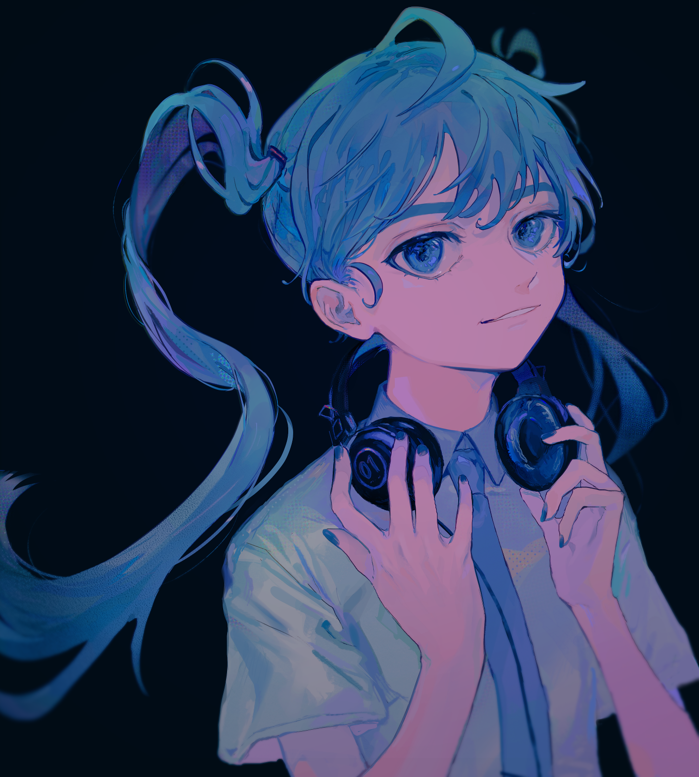 mawarusanso, hatsune miku, vocaloid, commentary, highres, 1girl, black background, blue hair, blue nails, collared shirt, long hair, looking at viewer, necktie, parted lips, shirt, short sleeves, simple background, solo, twintails, upper body, very long hair