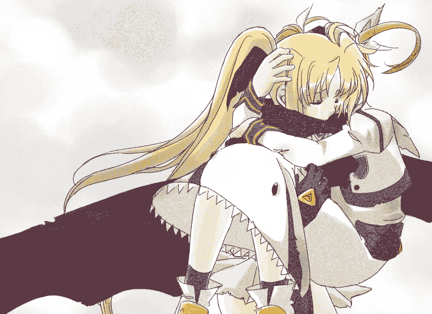 fate testarossa, takamachi nanoha, lyrical nanoha, mahou shoujo lyrical nanoha, 00s, 2girls, arm around shoulder, blonde hair, boots, cape, carrying, closed eyes, cropped jacket, crying, dress, gloves, hand on another's head, hug, juliet sleeves, kneehighs, long hair, long sleeves, magical girl, multiple girls, princess carry, puffy sleeves, scarf, socks, twintails, very long hair, weapon