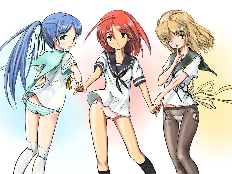 aki426, original, bad id, bad pixiv id, 3girls, ahoge, ass, back, blonde hair, blue hair, bow, cowboy shot, crotch seam, female focus, gradient background, holding hands, multiple girls, no pants, panties, panties under pantyhose, pantyhose, red hair, school uniform, serafuku, side-tie panties, standing, striped clothes, striped panties, thighhighs, underwear, white background