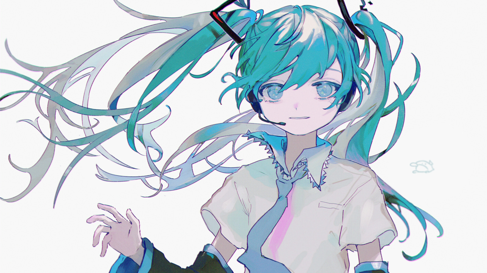 mawarusanso, hatsune miku, vocaloid, commentary request, 1girl, blue eyes, blue hair, collared shirt, detached sleeves, frilled shirt collar, frills, headset, long hair, looking at viewer, necktie, parted lips, shirt, simple background, solo, twintails, upper body
