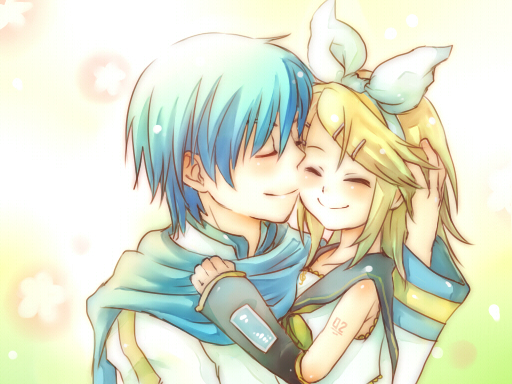 suzushiro haru, kagamine rin, kaito (vocaloid), vocaloid, bad id, bad pixiv id, 1boy, 1girl, blonde hair, blue hair, blue scarf, closed eyes, hetero, hug, scarf