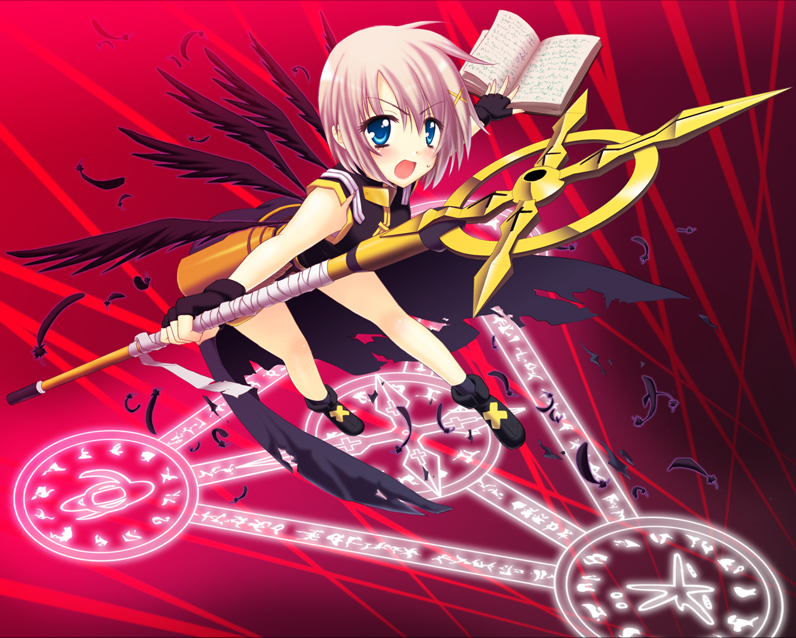 saki chisuzu, schwertkreuz, tome of the night sky, yagami hayate, lyrical nanoha, mahou shoujo lyrical nanoha, mahou shoujo lyrical nanoha a's, 00s, 1girl, black wings, blue eyes, blush, book, brown hair, feathers, female focus, fingerless gloves, gloves, hair ornament, magic circle, open mouth, short hair, solo, staff, wings, x hair ornament