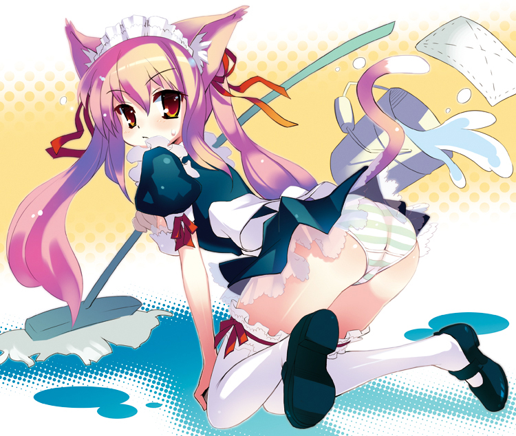 oryo (oryo04), original, animal ears, ass, bent over, bucket, bucket spill, cat ears, cat tail, cleaning, kneeling, long hair, maid, mop, panties, pink hair, red eyes, solo, spill, striped clothes, striped panties, tail, thighhighs, twintails, underwear