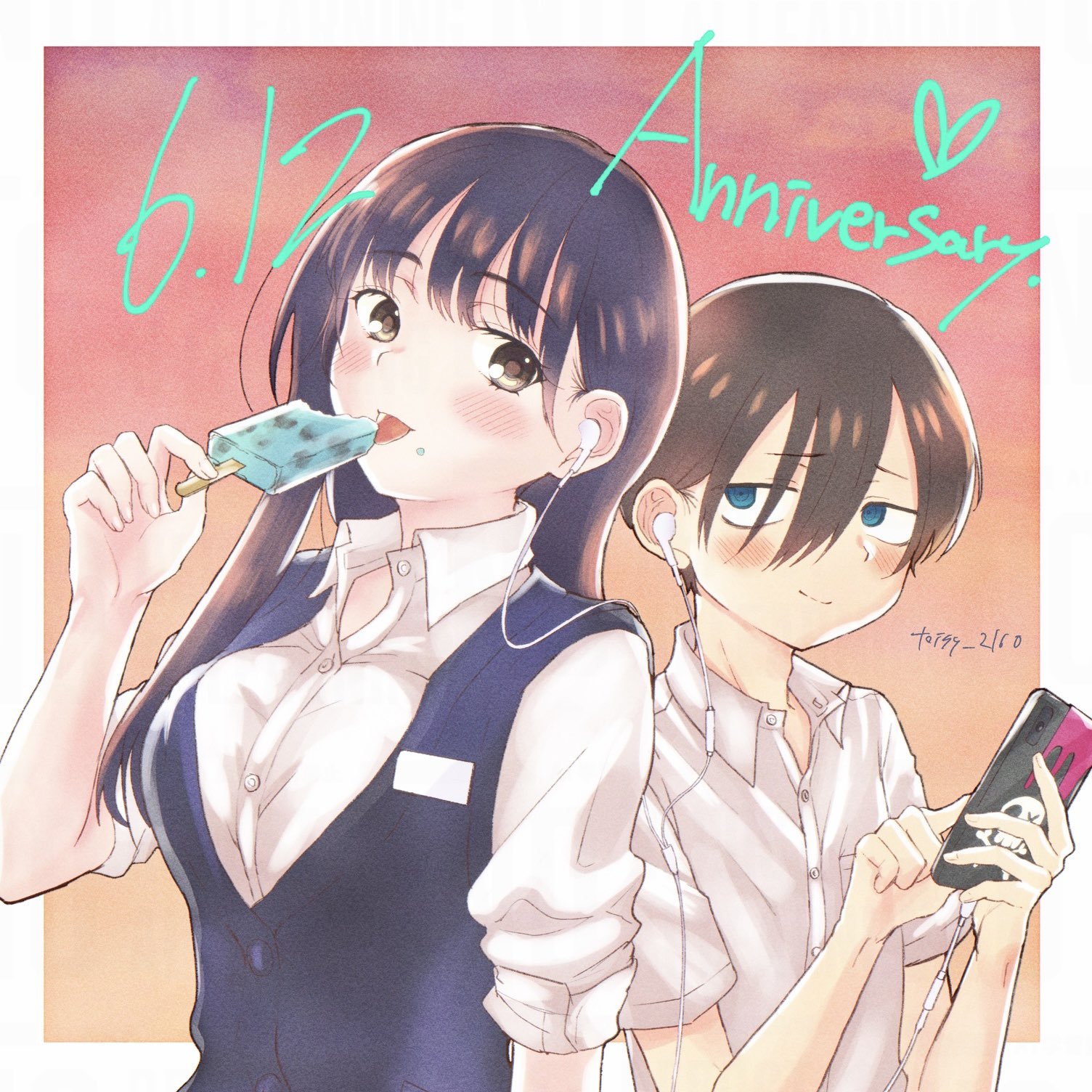 toisy 2160, ichikawa kyoutarou, yamada anna, boku no kokoro no yabai yatsu, commentary request, highres, 1boy, 1girl, artist name, black hair, blue eyes, blue sweater vest, blush, border, brown eyes, cellphone, collared shirt, dated, earphones, english text, food, hair between eyes, holding, holding food, holding phone, holding popsicle, licking, long hair, outside border, phone, popsicle, ringed eyes, shared earphones, shirt, short hair, sleeves rolled up, smartphone, sweater vest, tongue, tongue out, upper body, white border, white shirt