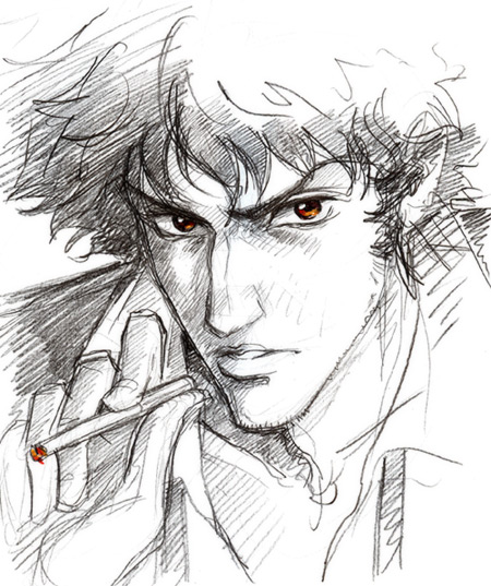 e.k weaver, ek, spike spiegel, cowboy bebop, 1990s (style), 1boy, brown eyes, cigarette, male focus, monochrome, red eyes, sketch, smoking, solo, spot color