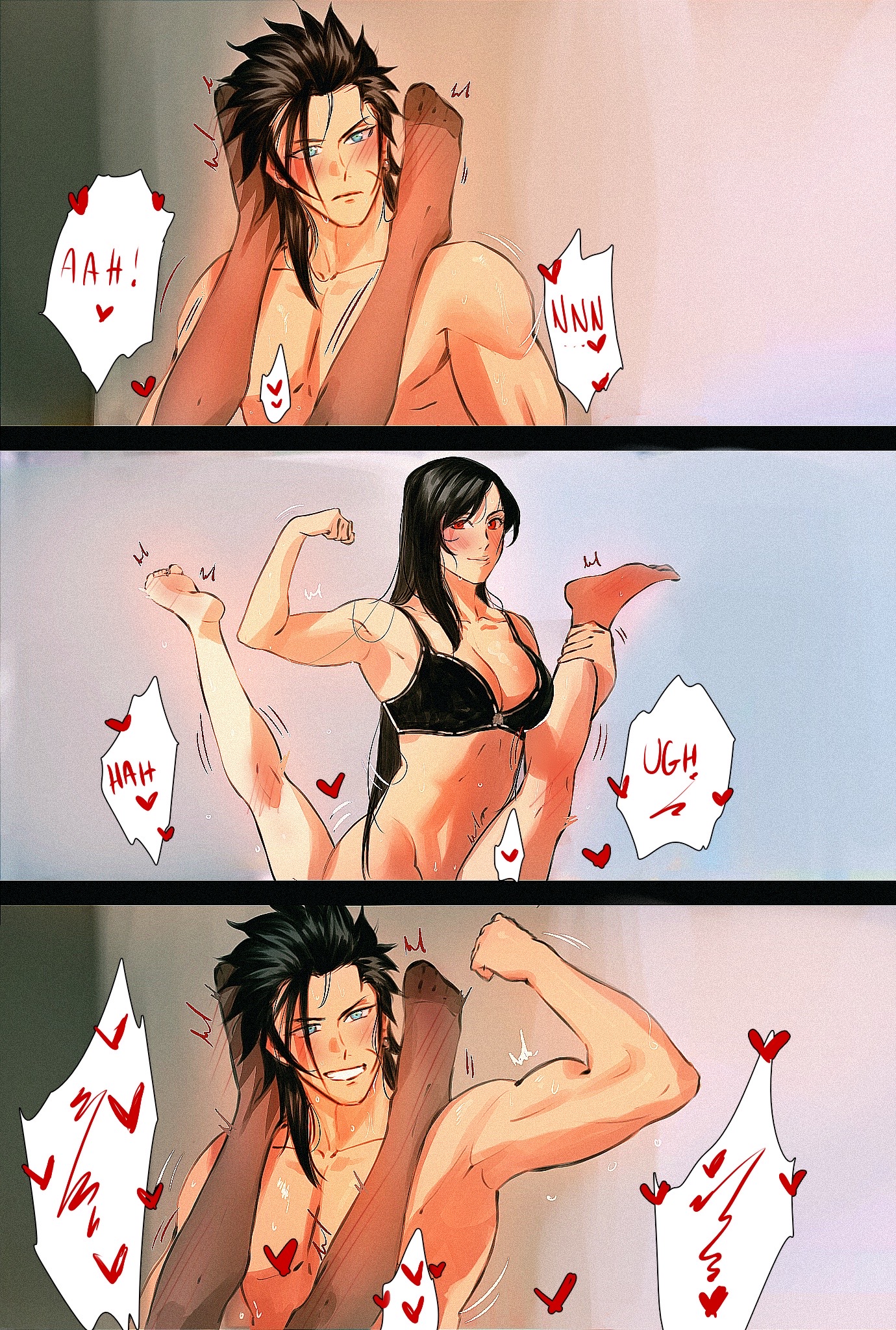 origussy, tifa lockhart, zack fair, american psycho, final fantasy, final fantasy vii, final fantasy vii remake, highres, aroused, black hair, blue eyes, blush, flexing, flexing pectorals, hand up, heart, hetero, holding another's leg, legs on another's shoulders, medium hair, moaning, movie reference, red eyes, sex, simple background, smile, speech bubble, trembling, tribadism, yuri