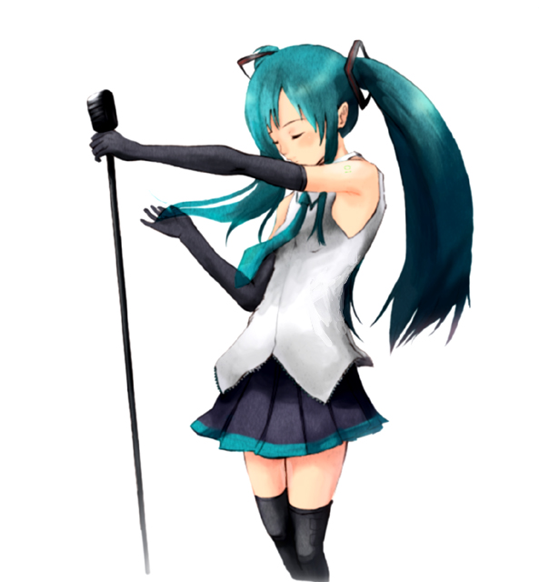 tsukino, tsukino hp, hatsune miku, vocaloid, 1girl, aqua hair, closed eyes, elbow gloves, female focus, gloves, long hair, microphone, microphone stand, necktie, skirt, solo, thighhighs, twintails