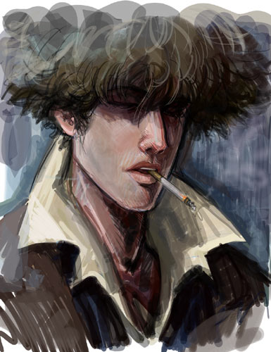 e.k weaver, spike spiegel, cowboy bebop, lowres, non-web source, traditional media, 1990s (style), 1boy, black hair, cigarette, closed eyes, coat, hair over eyes, lips, male focus, nose, retro artstyle, sketch, smoking, solo