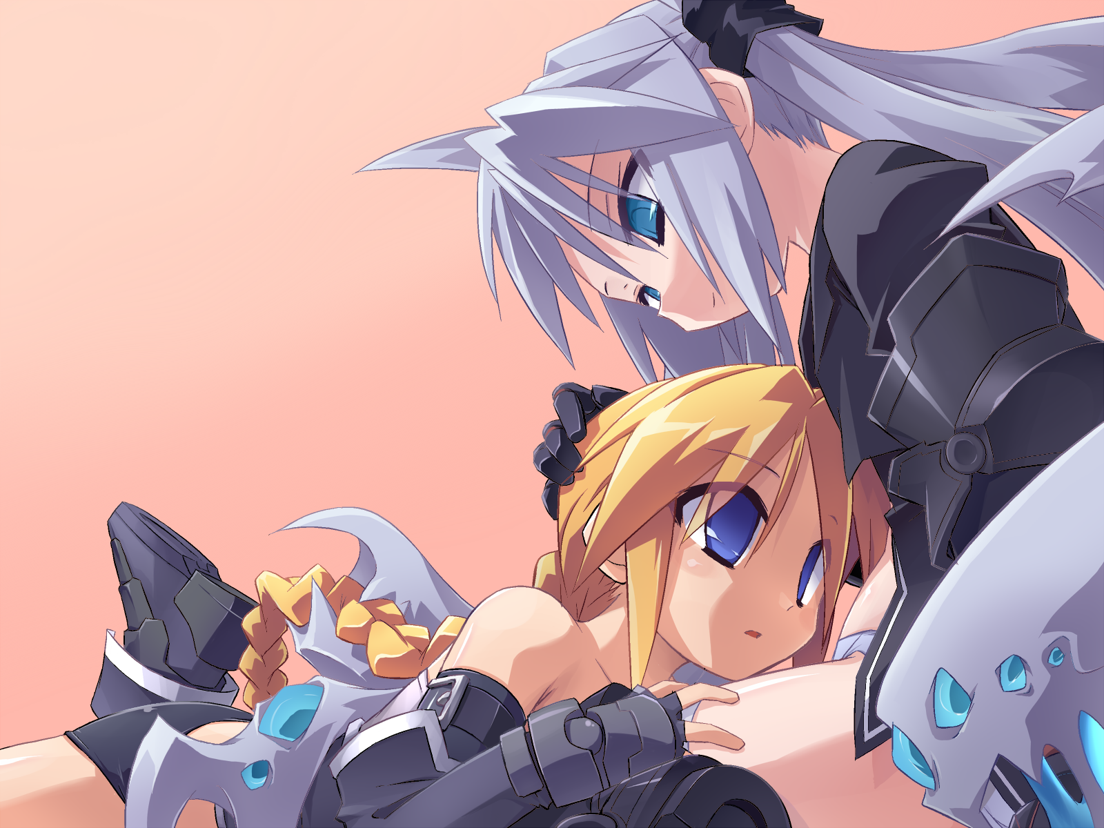 redrantem, tomoshibi hidekazu, girl with a blonde braid (tomoshibi hidekazu), mof's silver haired twintailed girl, redrantem's orange haired girl, original, silver hair, bad id, bad pixiv id, highres, 2girls, armor, borrowed character, braid, multiple girls, orange hair, twintails, yuri
