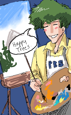 e.k weaver, bob ross, spike spiegel, cowboy bebop, the joy of painting, lowres, 1boy, ^ ^, afro, apron, art brush, blue background, blush, blush stickers, closed eyes, collared shirt, easel, english text, facing viewer, green hair, happy, male focus, oekaki, paint palette, paintbrush, painting (action), painting (object), parody, shirt, short hair, smile, solo, speech bubble, white apron, yellow shirt