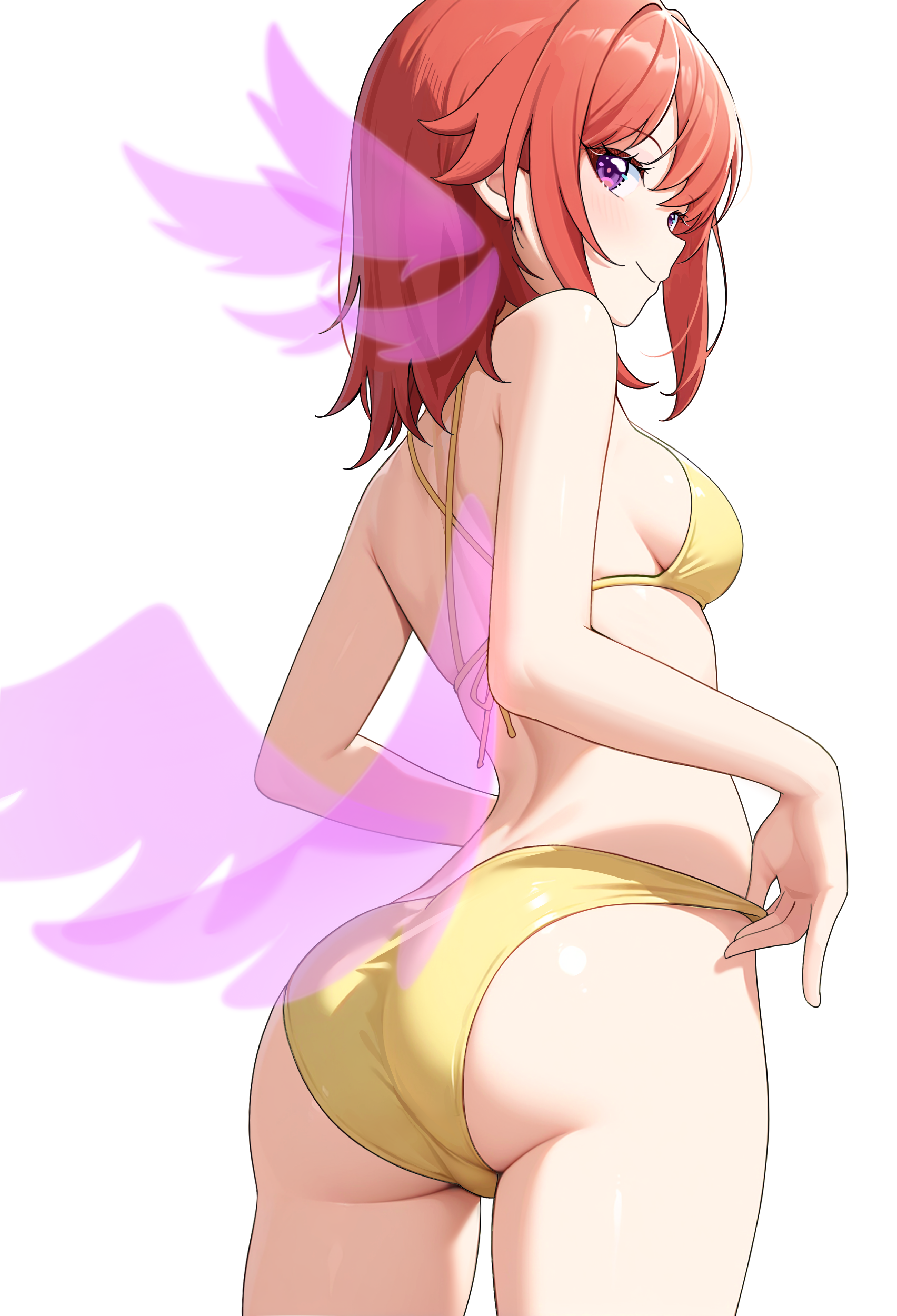 aviary, absurdres, commentary, highres, revision, 1girl, ass, baan: the boundary of adulthood, bikini, breasts, closed mouth, criss-cross back-straps, from behind, looking at viewer, medium breasts, medium hair, purple eyes, rinrada ratchamanee, simple background, solo, swimsuit, white background, wings, yellow bikini