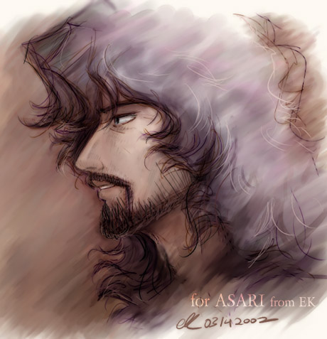 e.k weaver, ek, vincent volaju, cowboy bebop, lowres, traditional media, 1990s (style), 1boy, beard, black hair, facial hair, gradient background, long hair, male focus, retro artstyle, solo