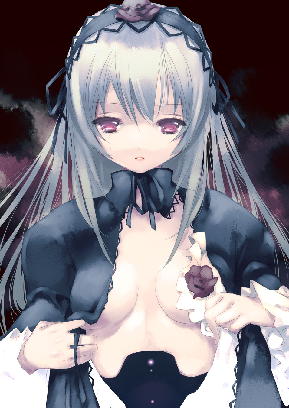 iwaku, suigintou, rozen maiden, silver hair, highres, 00s, 1girl, female focus, long hair, open clothes, open shirt, pink eyes, shirt, solo, tears