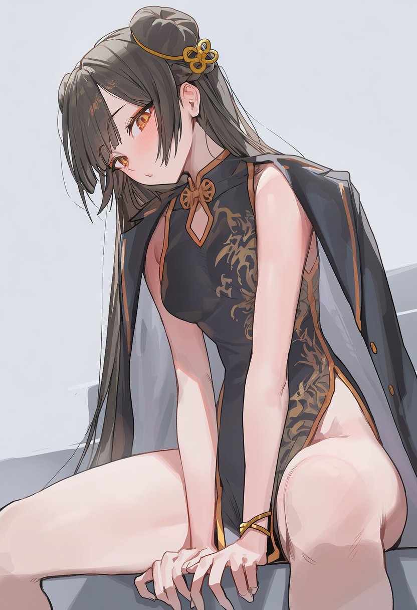 li dailin, black survival, eternal return: black survival, highres, 1girl, arm support, bangle, black coat, black dress, bracelet, breasts, brown hair, china dress, chinese clothes, closed mouth, coat, coat on shoulders, diamond cutout, double bun, dress, hair bun, illustchuki, jewelry, light blush, long hair, looking at viewer, medium breasts, no panties, orange eyes, side slit, single bare shoulder, sitting, sleeveless, sleeveless dress, solo, very long hair