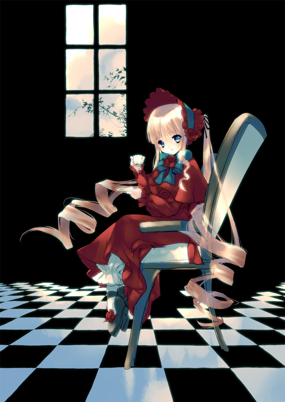 iwaku, shinku, rozen maiden, highres, 00s, blonde hair, blue eyes, cup, long hair, sitting, solo, teacup, twintails