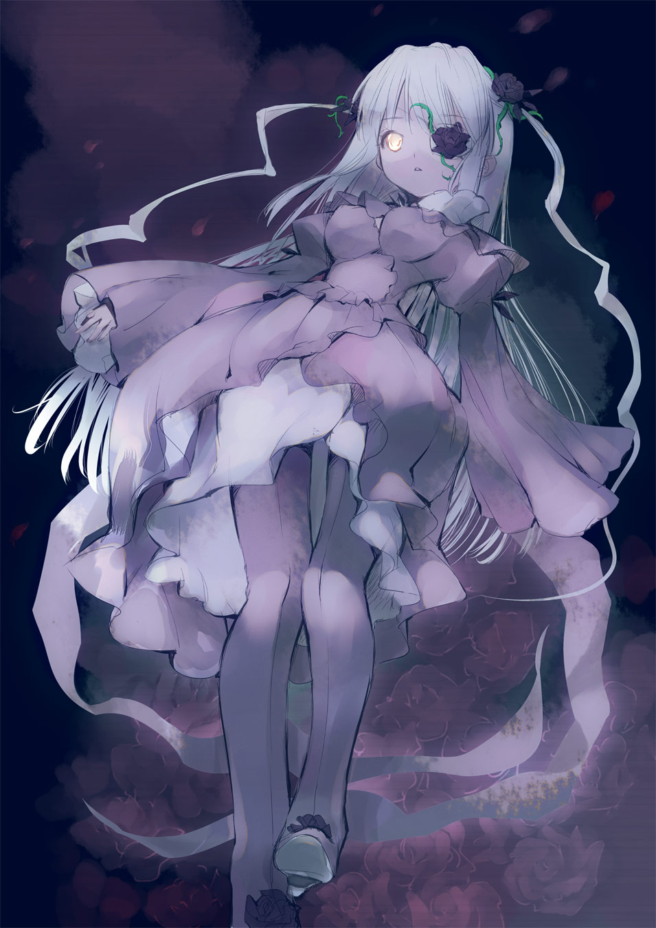 iwaku, barasuishou, rozen maiden, silver hair, highres, 00s, eyepatch, flower, long hair, rose, solo, yellow eyes