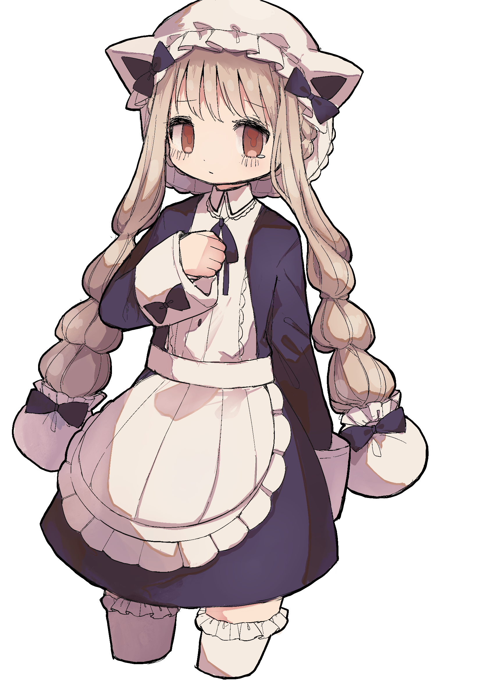 butter run, nokko-chan, mahou shoujo ikusei keikaku, mahou shoujo ikusei keikaku restart, highres, 1girl, animal ears, apron, black bow, black bowtie, blonde hair, bow, bowtie, braid, fake animal ears, long hair, magical girl, maid, maid headdress, orange eyes, thighhighs, twin braids, white apron, white thighhighs