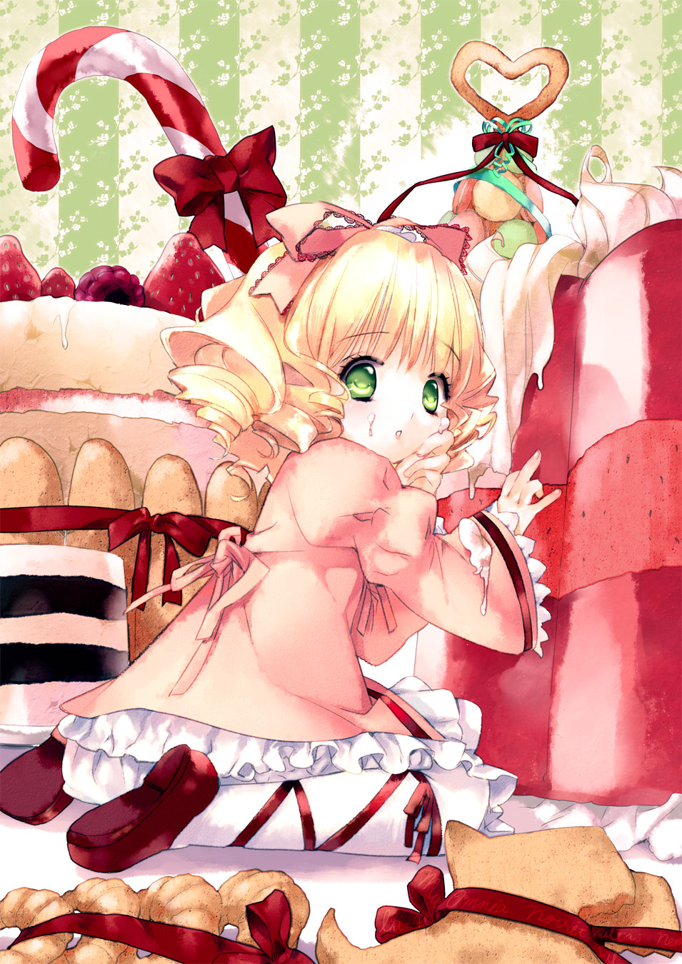 iwaku, hinaichigo, rozen maiden, highres, 00s, 1girl, blonde hair, bow, cake, candy, candy cane, cookie, female focus, food, food on face, green eyes, hair ribbon, macaron, pastry, pink bow, ribbon, short hair, sitting, solo